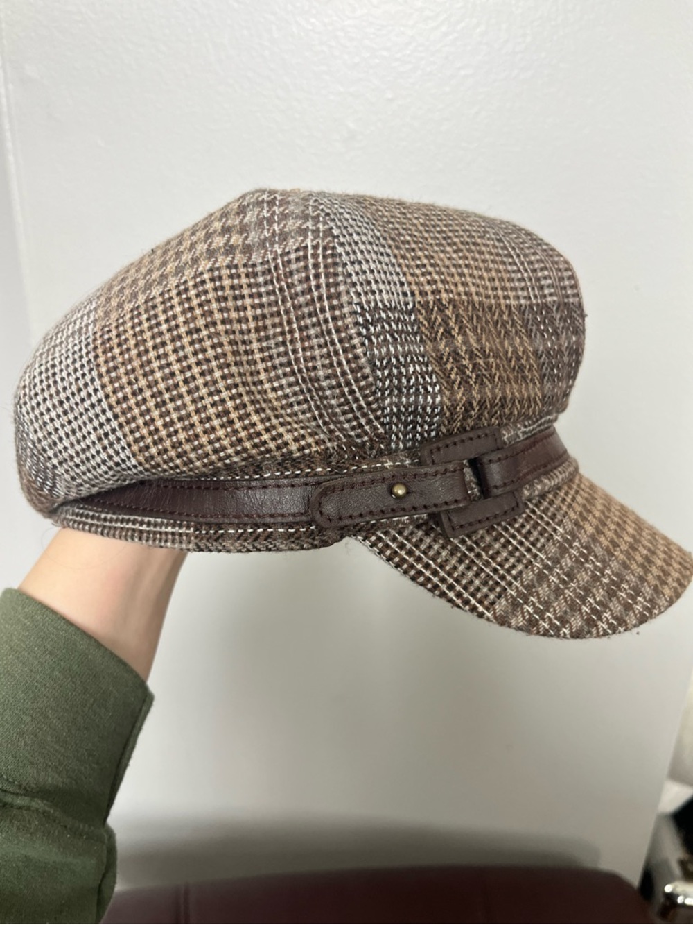 Nine West Brown Plaid Baker/News Boy Cap with Leather Band